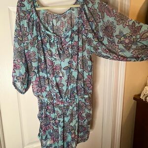 Vera Bradley Aqua floral patterned Romper with Pink and Purple Accents